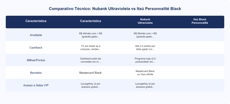 Nubank Ultravioleta vs Itaú Personnalité Black: Análise de Anuidade, Cashback e Milhas